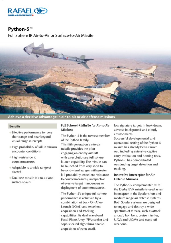 Rafael Advanced Defense Systems Air-to-air missile Python-5 brochure