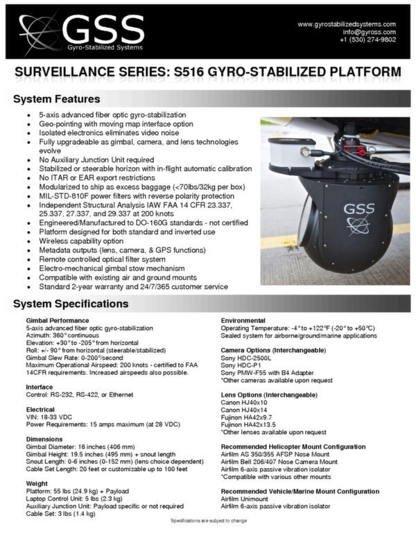 Gyro-Stabilized Systems Donnes techniques systme de surveillance S516