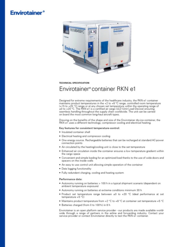 Envirotainer AB Freight container - Envirotainer RKN e1 - Tech. spec.