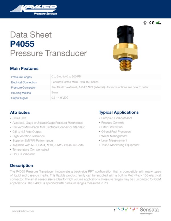 Kavlico Pressure Sensors Pressure transducer P4055 data sheet