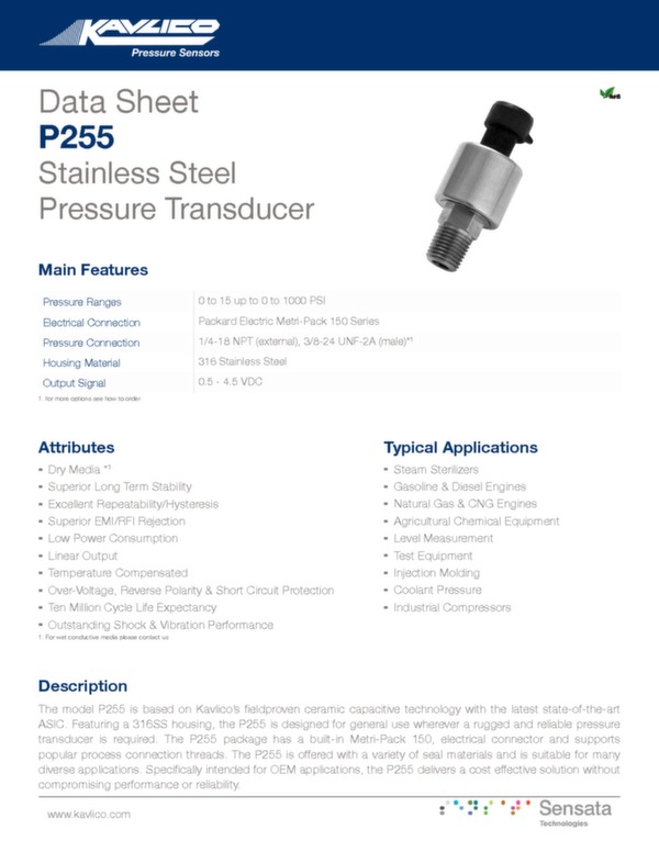 Kavlico Pressure Sensors Données techniques capteur de pression P255