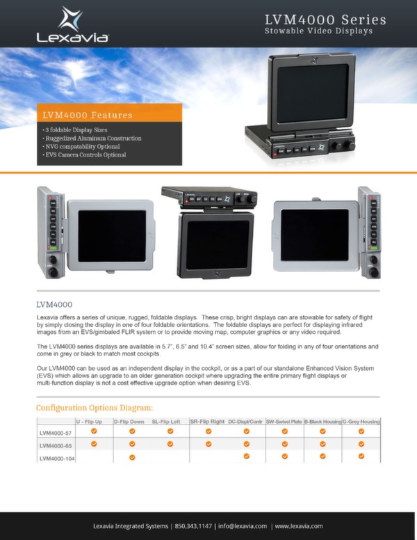 Lexavia Stowable video display LVM4000 Series data sheet