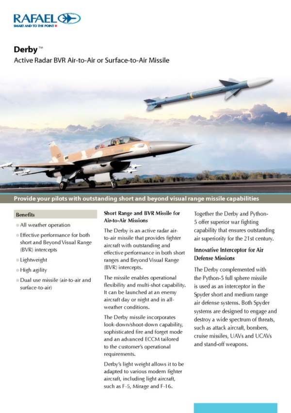 Rafael Advanced Defense Systems Air-to-air missile Derby brochure