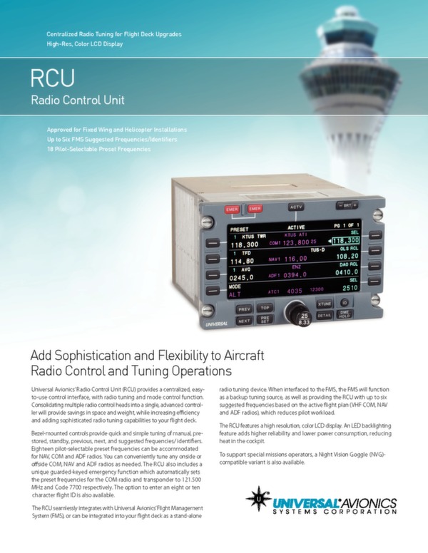 Universal Avionics RCU Radio control unit brochure