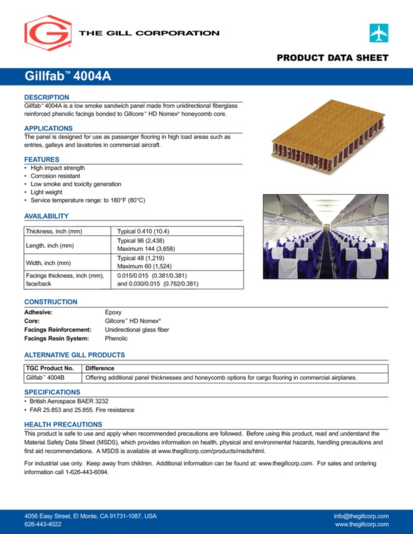 The Gill Corporation Flooring panel Gillfab 4004A data sheet